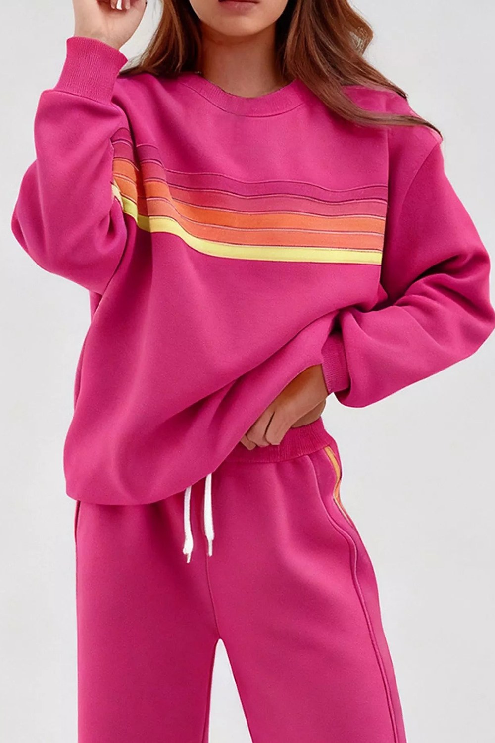 Noor Striped Crew-Neck Sweatshirt & Pants Set in Raspberry – front, chest stripe