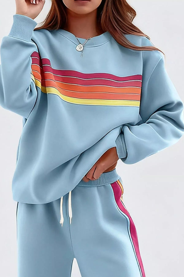 Noor Striped Crew-Neck Sweatshirt & Pants Set in Powder Blue – front, chest stripe