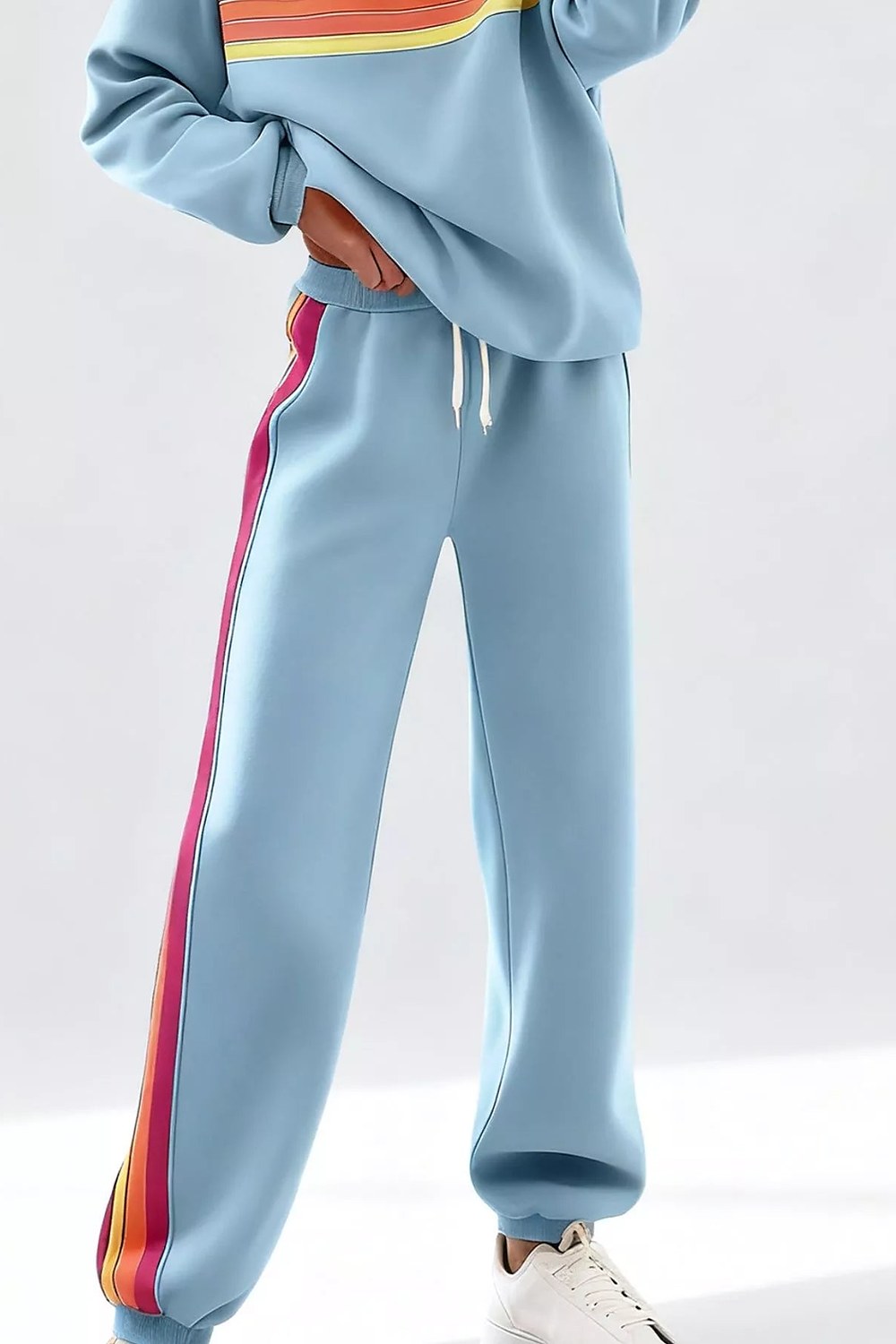 Noor Striped Crew-Neck Sweatshirt & Pants Set in Powder Blue – pants, side stripe