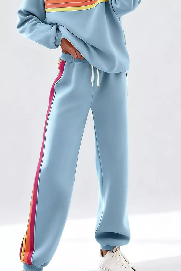 Noor Striped Crew-Neck Sweatshirt & Pants Set in Powder Blue – pants, side stripe