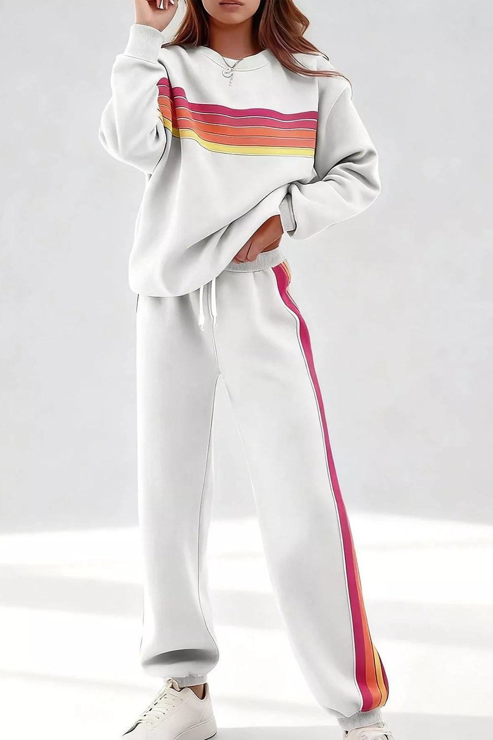 Noor Striped Crew-Neck Sweatshirt & Pants Set in White – front