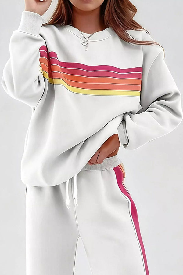Noor Striped Crew-Neck Sweatshirt & Pants Set in White – front, chest stripe