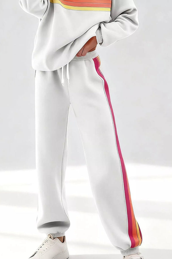 Noor Striped Crew-Neck Sweatshirt & Pants Set in White – pants, side stripe