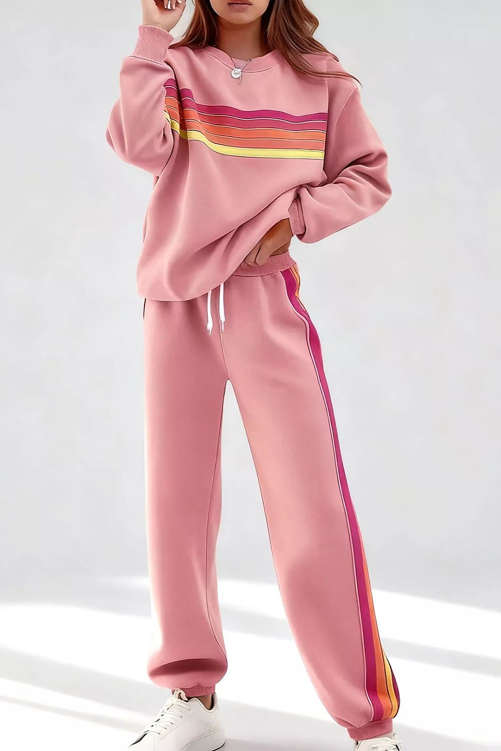Noor Striped Crew-Neck Sweatshirt & Pants Set in Dusty Pink – front