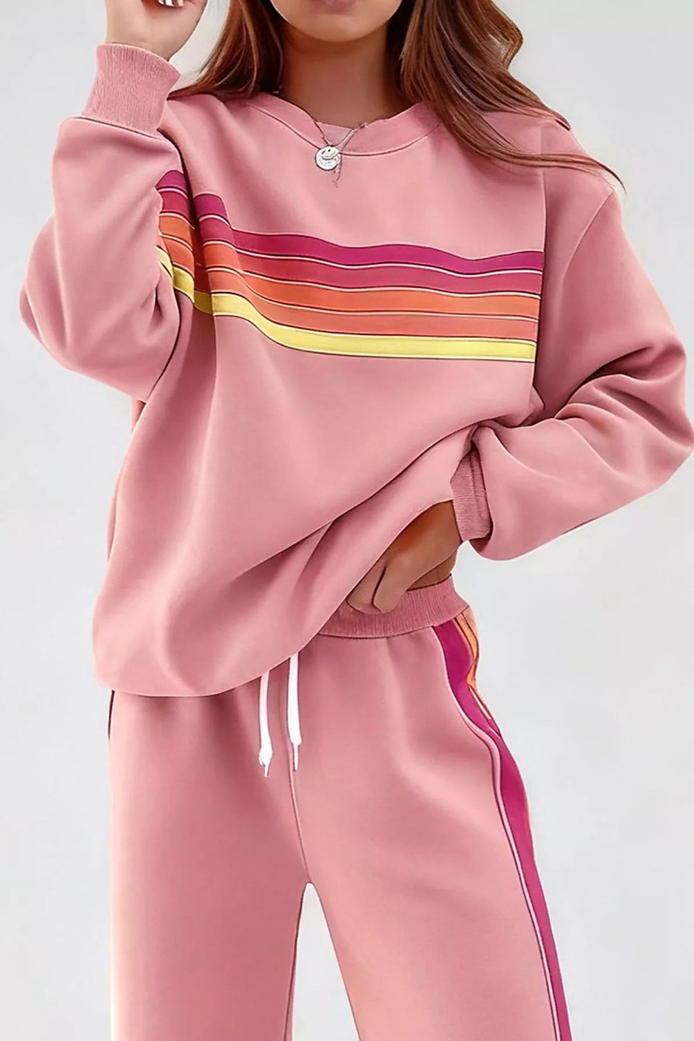 Noor Striped Crew-Neck Sweatshirt & Pants Set in Dusty Pink – front, chest stripe
