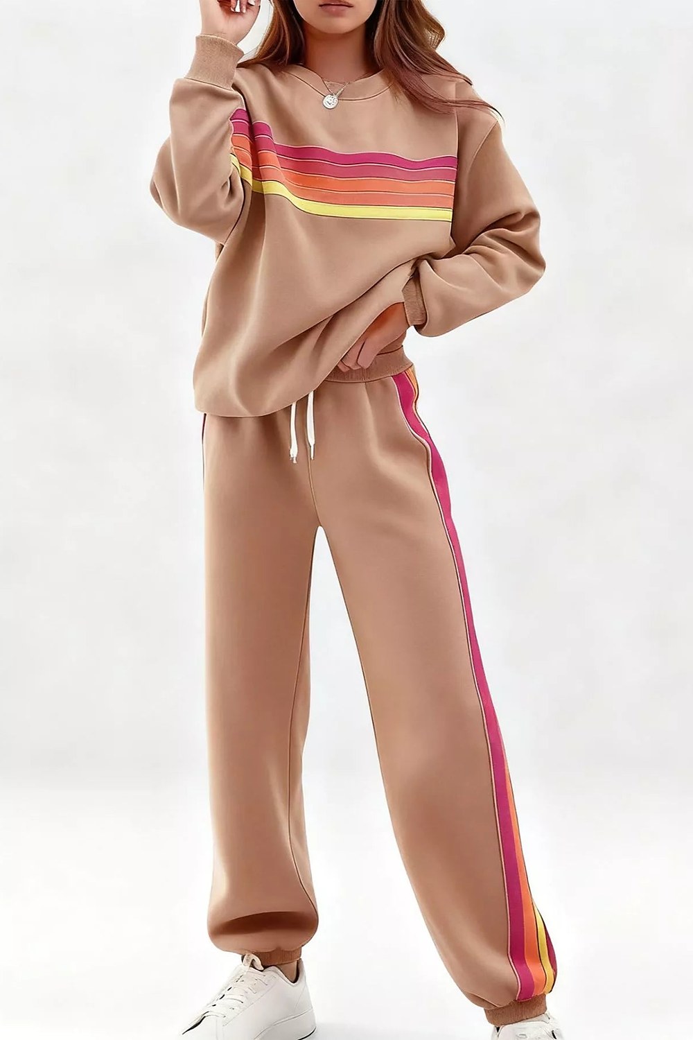 Noor Striped Crew-Neck Sweatshirt & Pants Set in Light Coffee – front