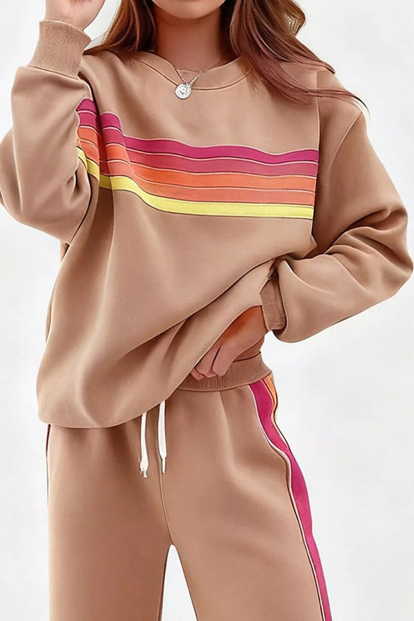 Noor Striped Crew-Neck Sweatshirt & Pants Set in Light Coffee – front, chest stripe
