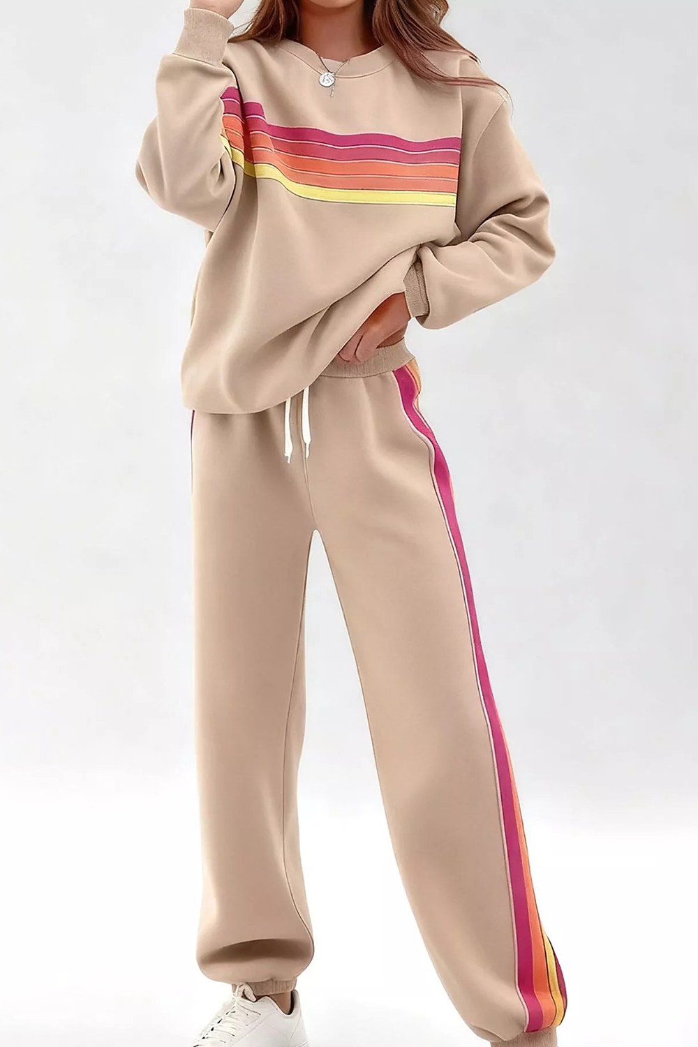 Noor Striped Crew-Neck Sweatshirt & Pants Set in Sand – front