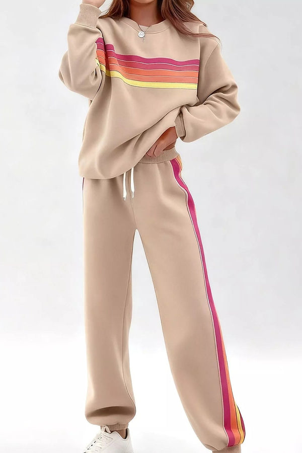 Noor Striped Crew-Neck Sweatshirt & Pants Set in Sand – front