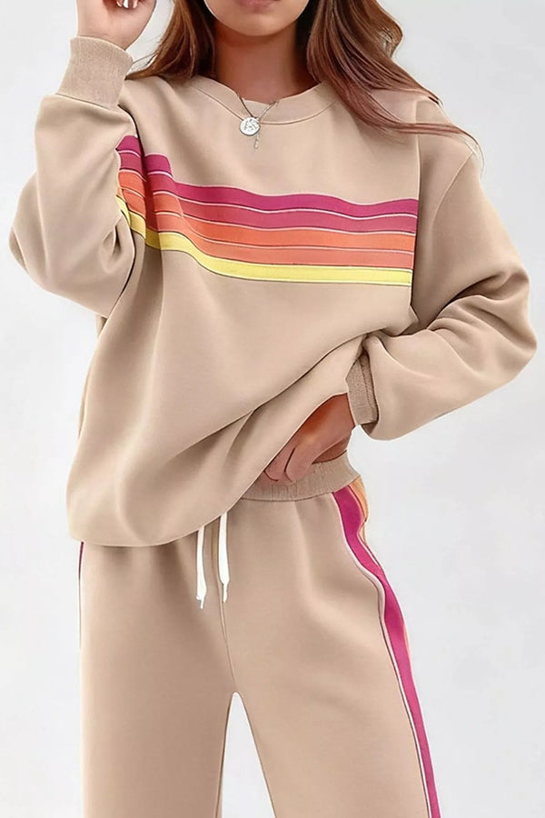Noor Striped Crew-Neck Sweatshirt & Pants Set in Sand – front, chest stripe