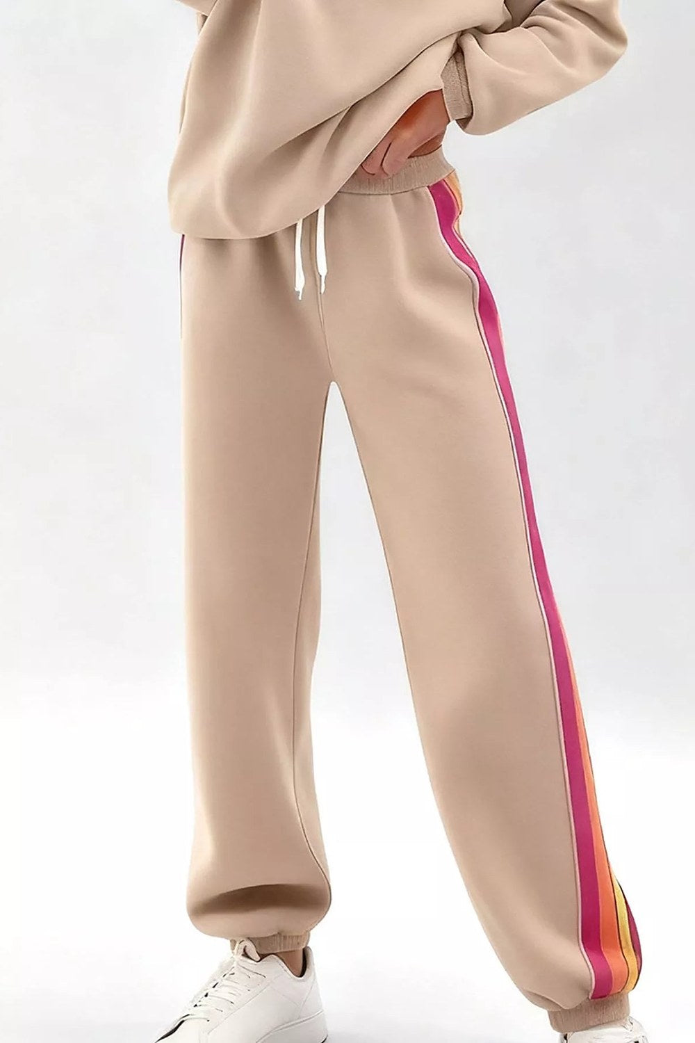 Noor Striped Crew-Neck Sweatshirt & Pants Set in Sand – pants, side stripe