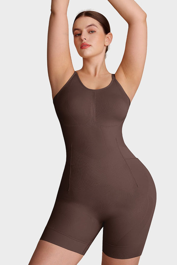 Nova Seamless Sculpting Bodysuit in Coffee Brown – front, arms raised