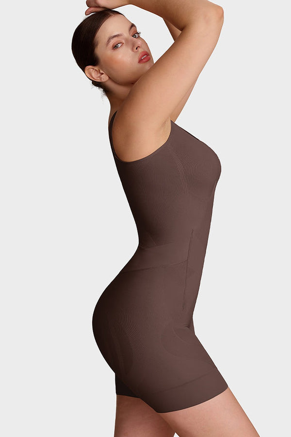 Nova Seamless Sculpting Bodysuit in Coffee Brown – side, arms raised