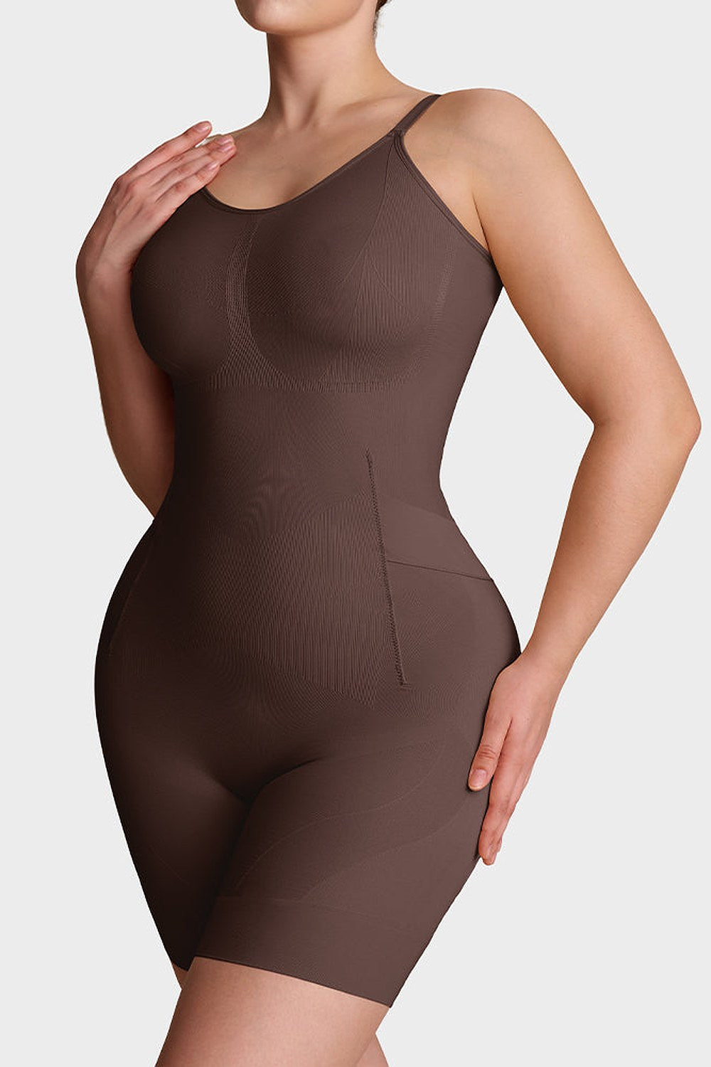 Nova Seamless Sculpting Bodysuit in Coffee Brown – front close-up, tummy panel