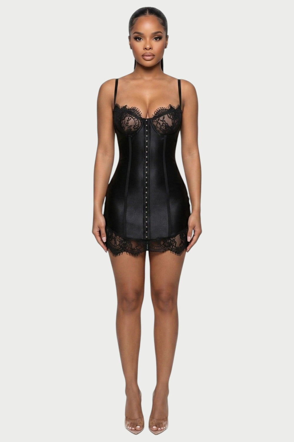 Odessa Lace-Trim Corset Mini Dress in Black – front