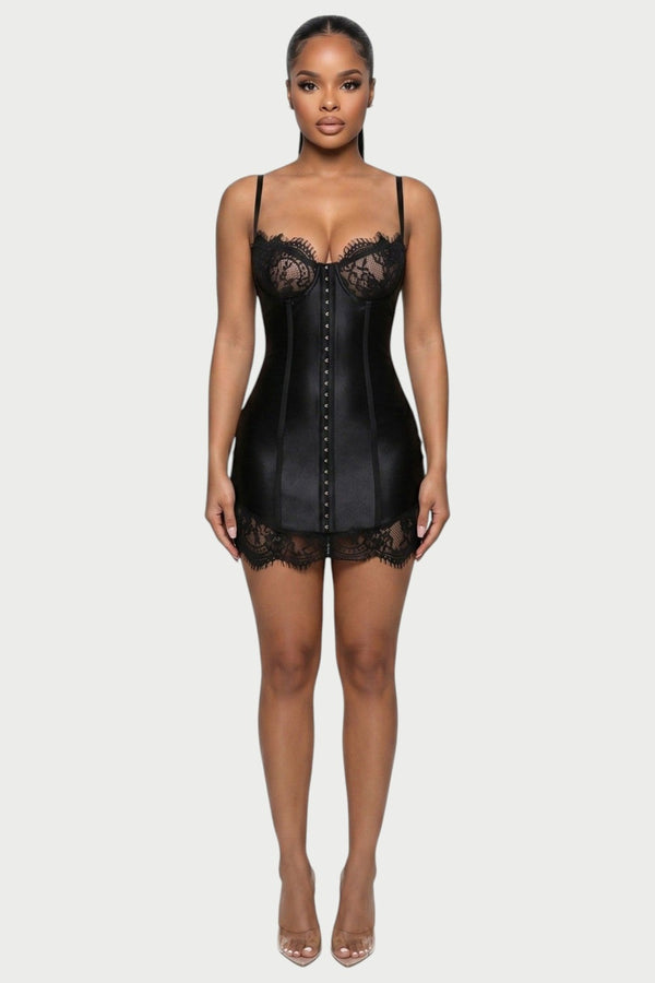 Odessa Lace-Trim Corset Mini Dress in Black – front