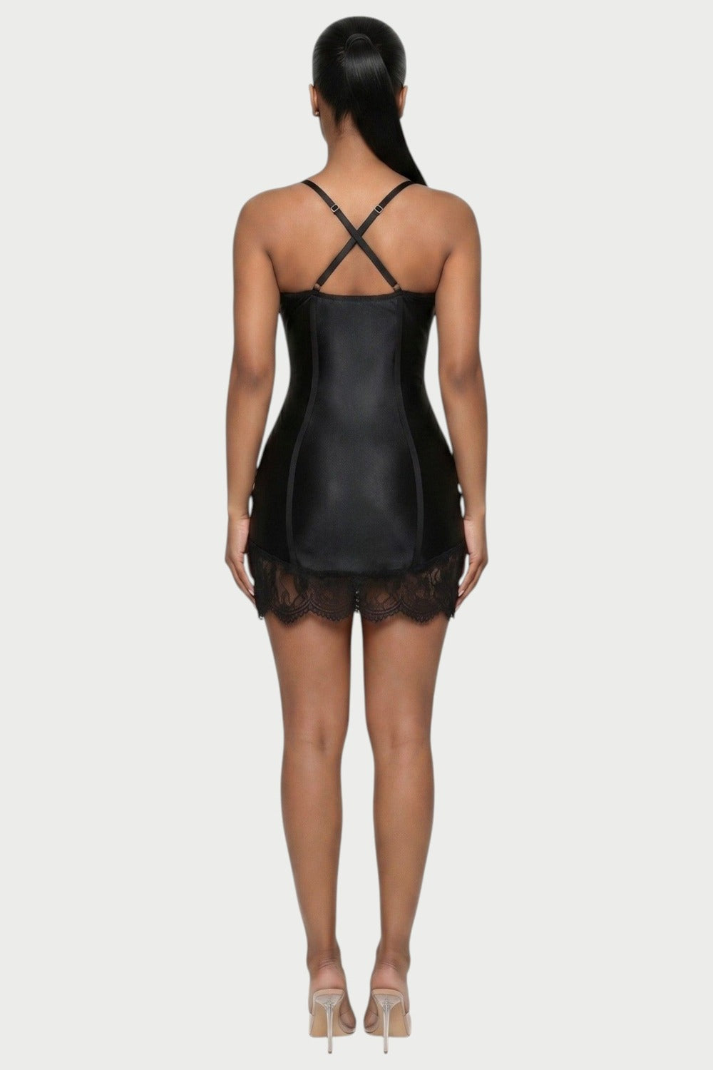 Odessa Lace-Trim Corset Mini Dress in Black – back crisscross straps