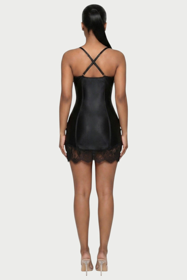 Odessa Lace-Trim Corset Mini Dress in Black – back crisscross straps