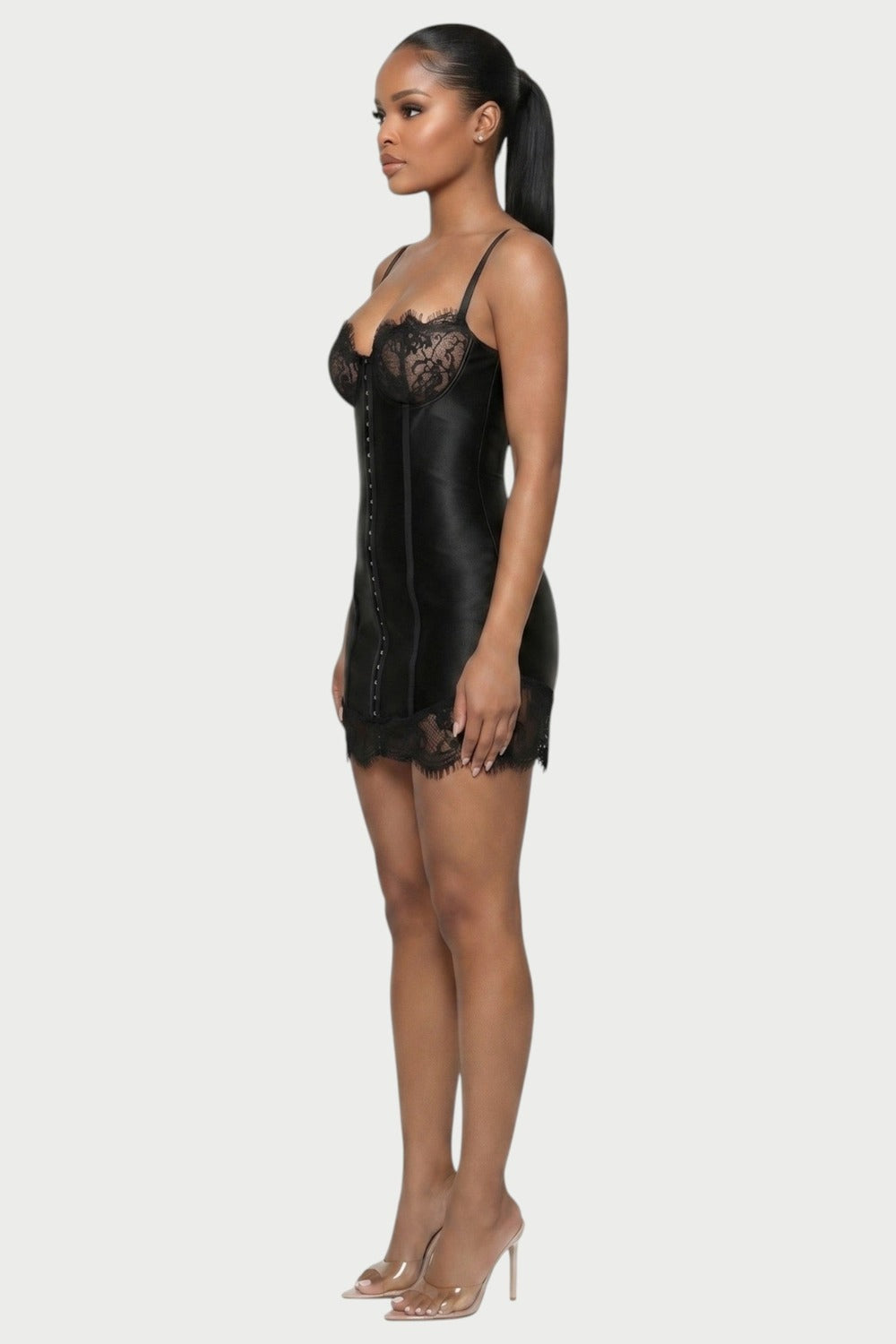 Odessa Lace-Trim Corset Mini Dress in Black – side