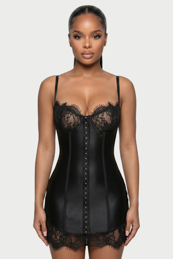 Odessa Lace-Trim Corset Mini Dress in Black – front close-up