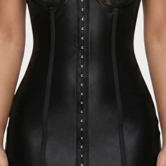 Odessa Lace-Trim Corset Mini Dress in Black – hook-and-eye front