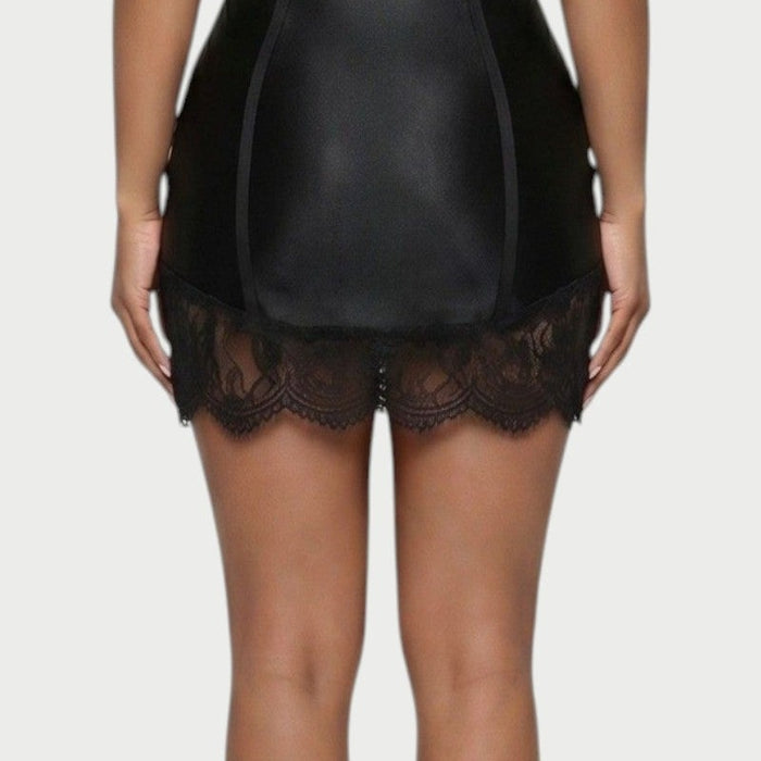 Odessa Lace-Trim Corset Mini Dress in Black – lace hem