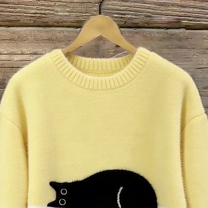 Odile Cat Print Oversized Sweater – detail: Ribbed crew neckline