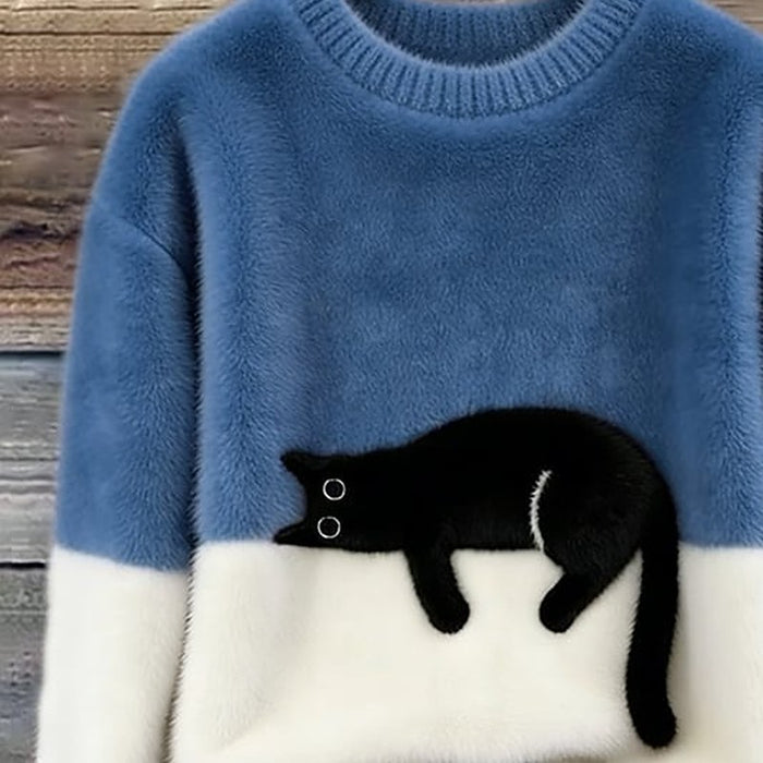 Odile Cat Print Oversized Sweater – detail: Soft plush colour block