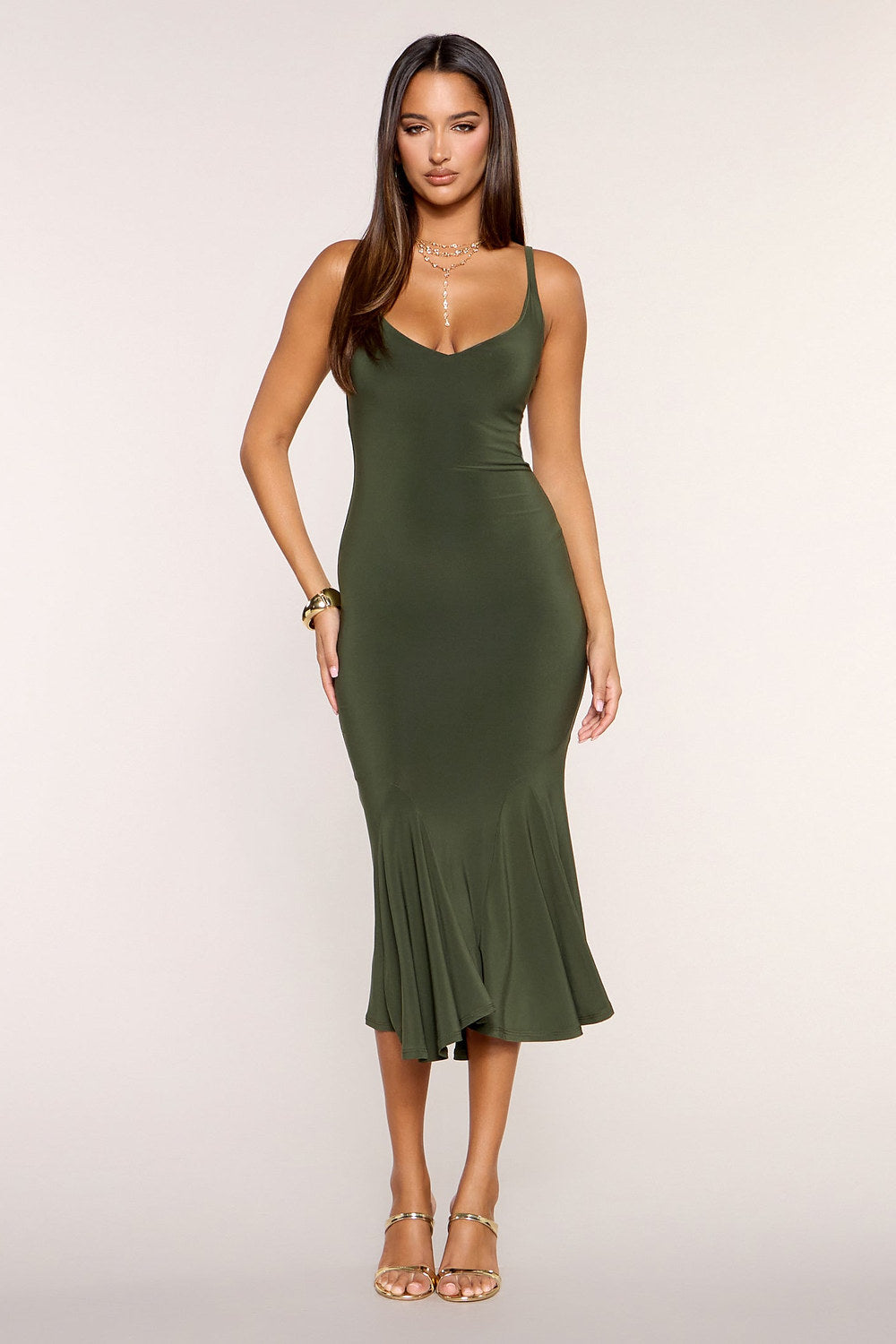 Isolde Flared-Hem Bodycon Midi Dress in Olive – front