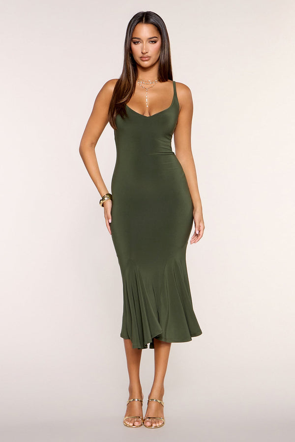 Isolde Flared-Hem Bodycon Midi Dress in Olive – front