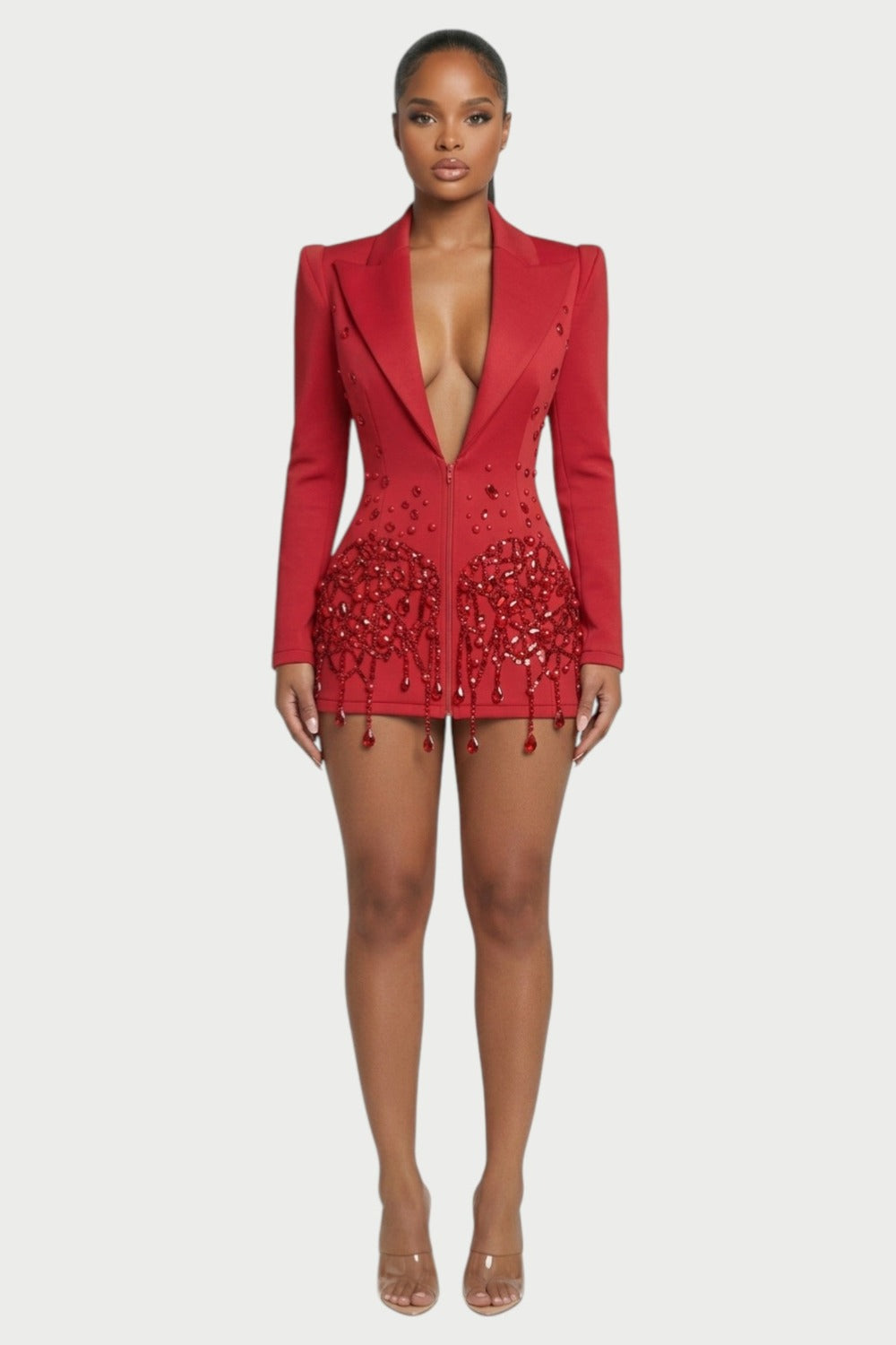 Vesper Crystal-Fringe Blazer Mini Dress in Red – front