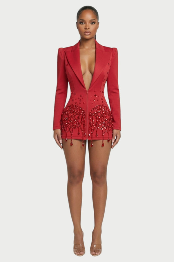 Vesper Crystal-Fringe Blazer Mini Dress in Red – front