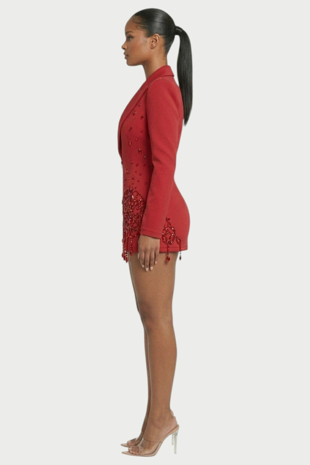 Vesper Crystal-Fringe Blazer Mini Dress in Red – 3