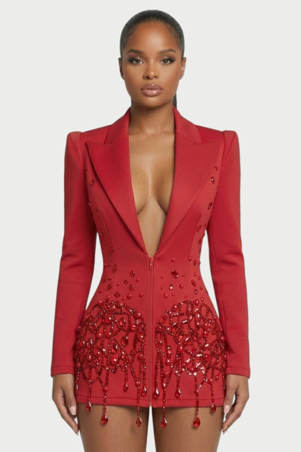 Vesper Crystal-Fringe Blazer Mini Dress in Red – 4