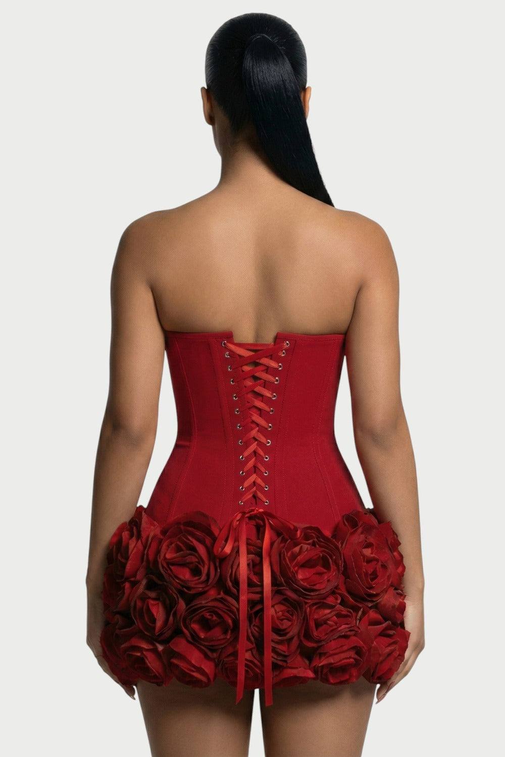Rosalind Corset & Rose Mini Dress Set in Red – back close-up