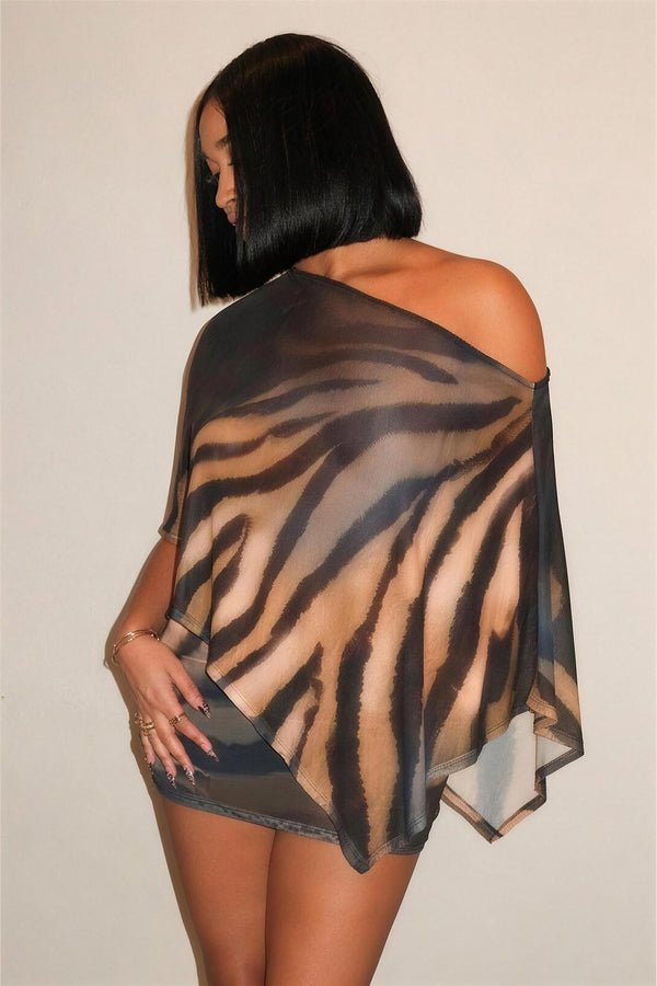 Sabine Sheer Off-Shoulder Top & Mini Skirt Set in Tan – front, draped sleeve