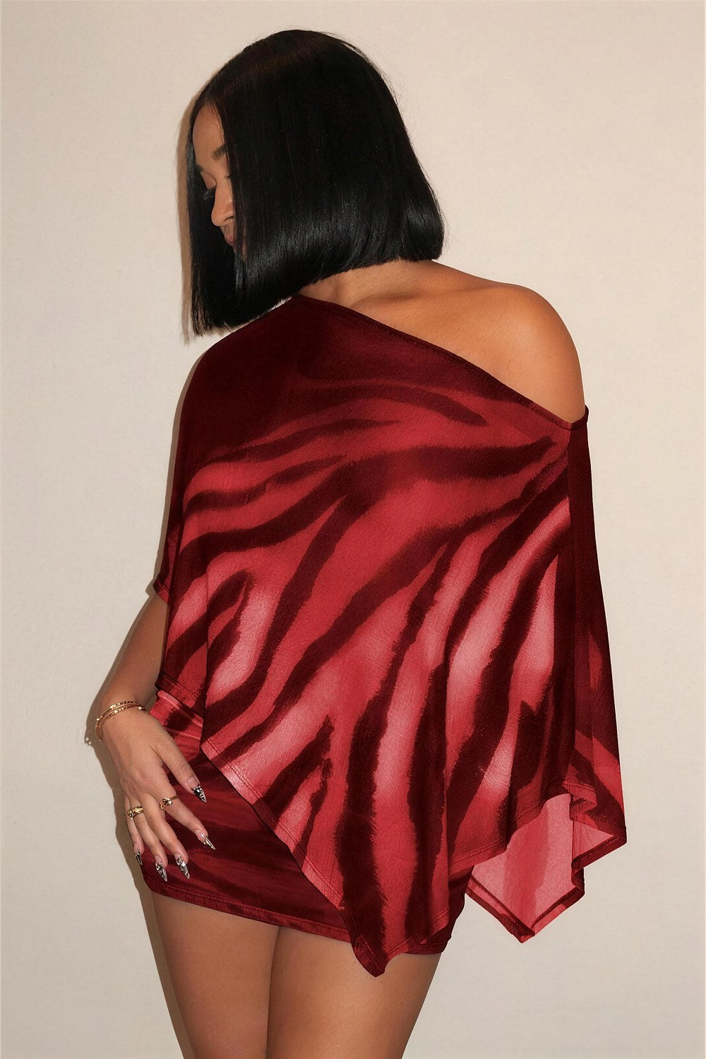 Sabine Sheer Off-Shoulder Top & Mini Skirt Set in Wine Red – side, draped sleeve