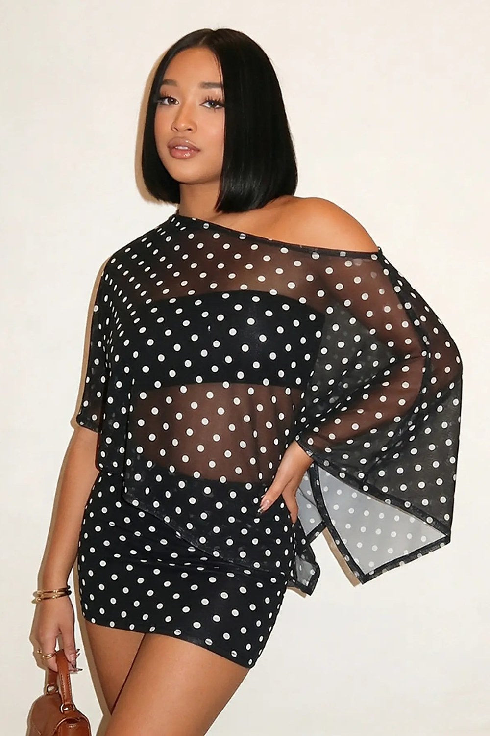 Sabine Sheer Off-Shoulder Top & Mini Skirt Set in Black – front, off-shoulder