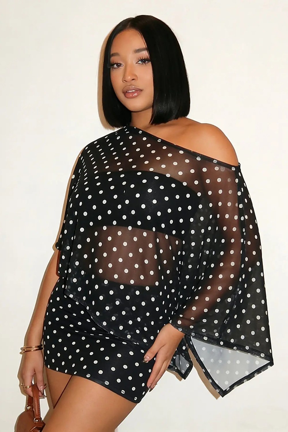 Sabine Sheer Off-Shoulder Top & Mini Skirt Set in Black – front, sleeve
