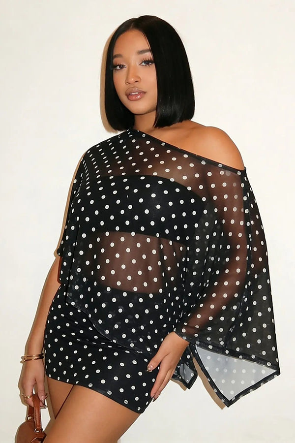 Sabine Sheer Off-Shoulder Top & Mini Skirt Set in Black – front, sleeve