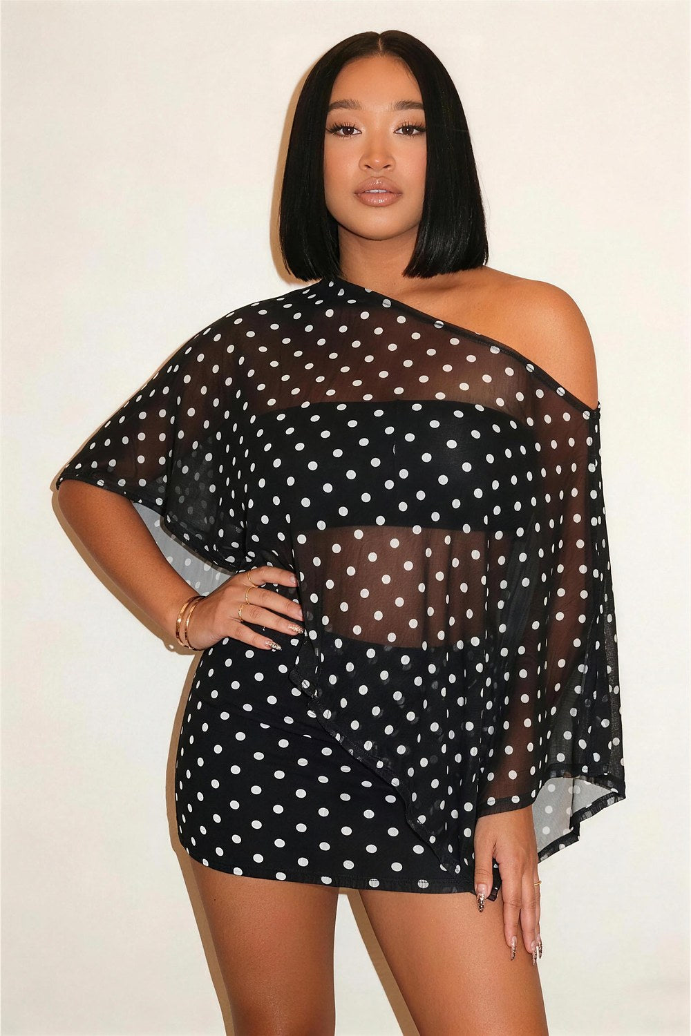 Sabine Sheer Off-Shoulder Top & Mini Skirt Set in Black – front, skirt