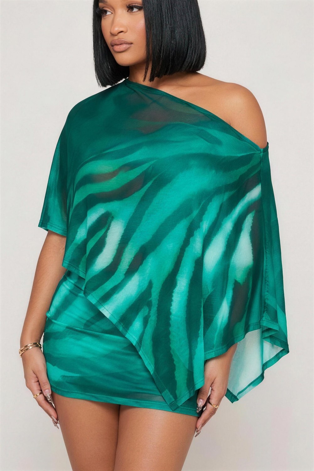 Sabine Sheer Off-Shoulder Top & Mini Skirt Set in Emerald Green – front