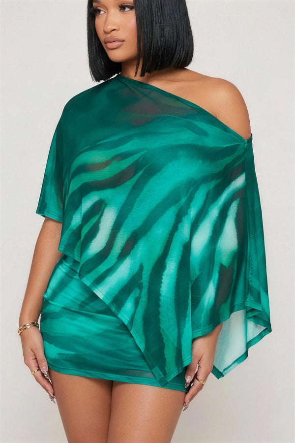 Sabine Sheer Off-Shoulder Top & Mini Skirt Set in Emerald Green – front