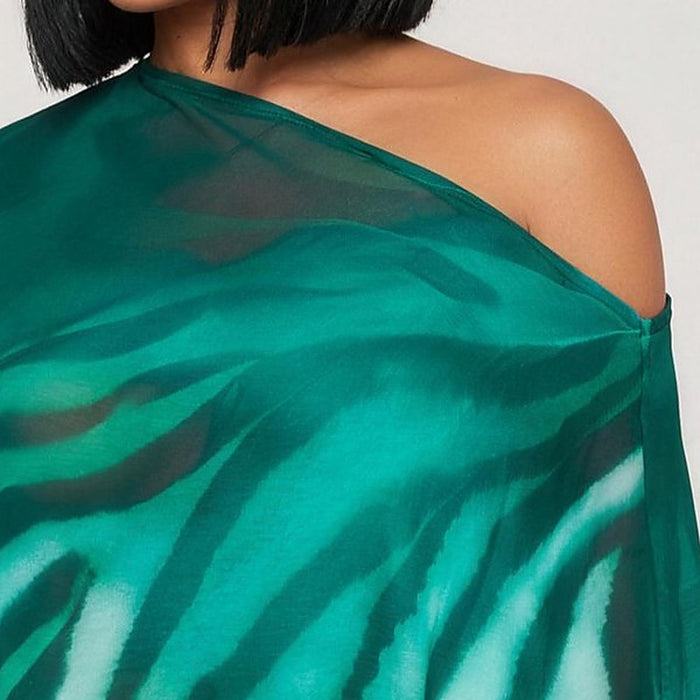 Sabine Sheer Off-Shoulder Top & Mini Skirt Set – detail: Asymmetric off-shoulder neckline