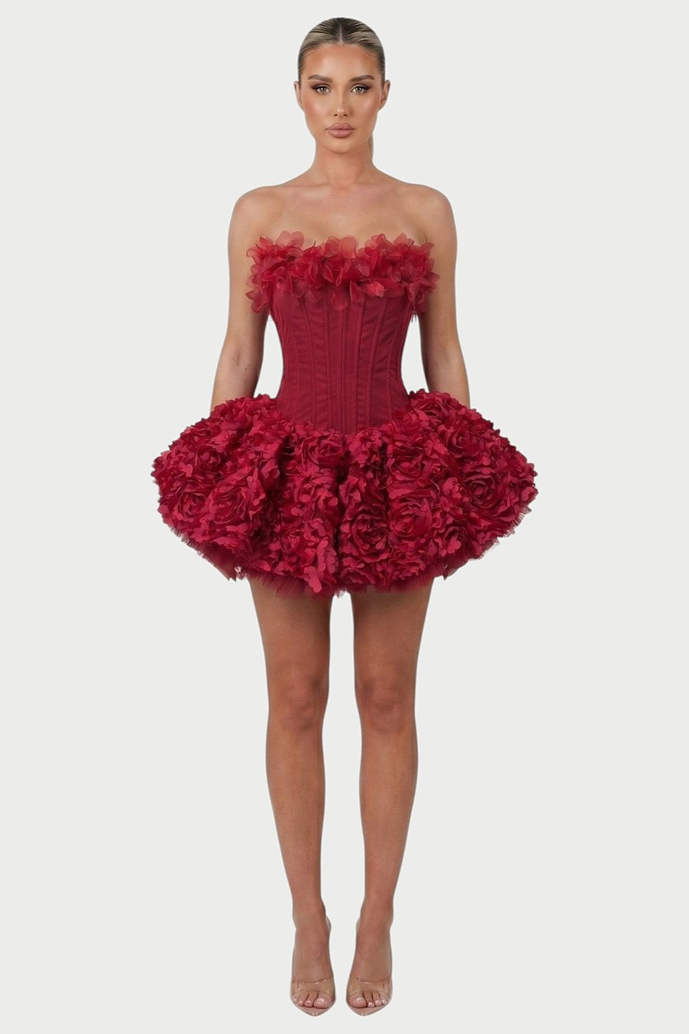 Thalia Strapless Floral Ruffle Mini Dress in Claret – front