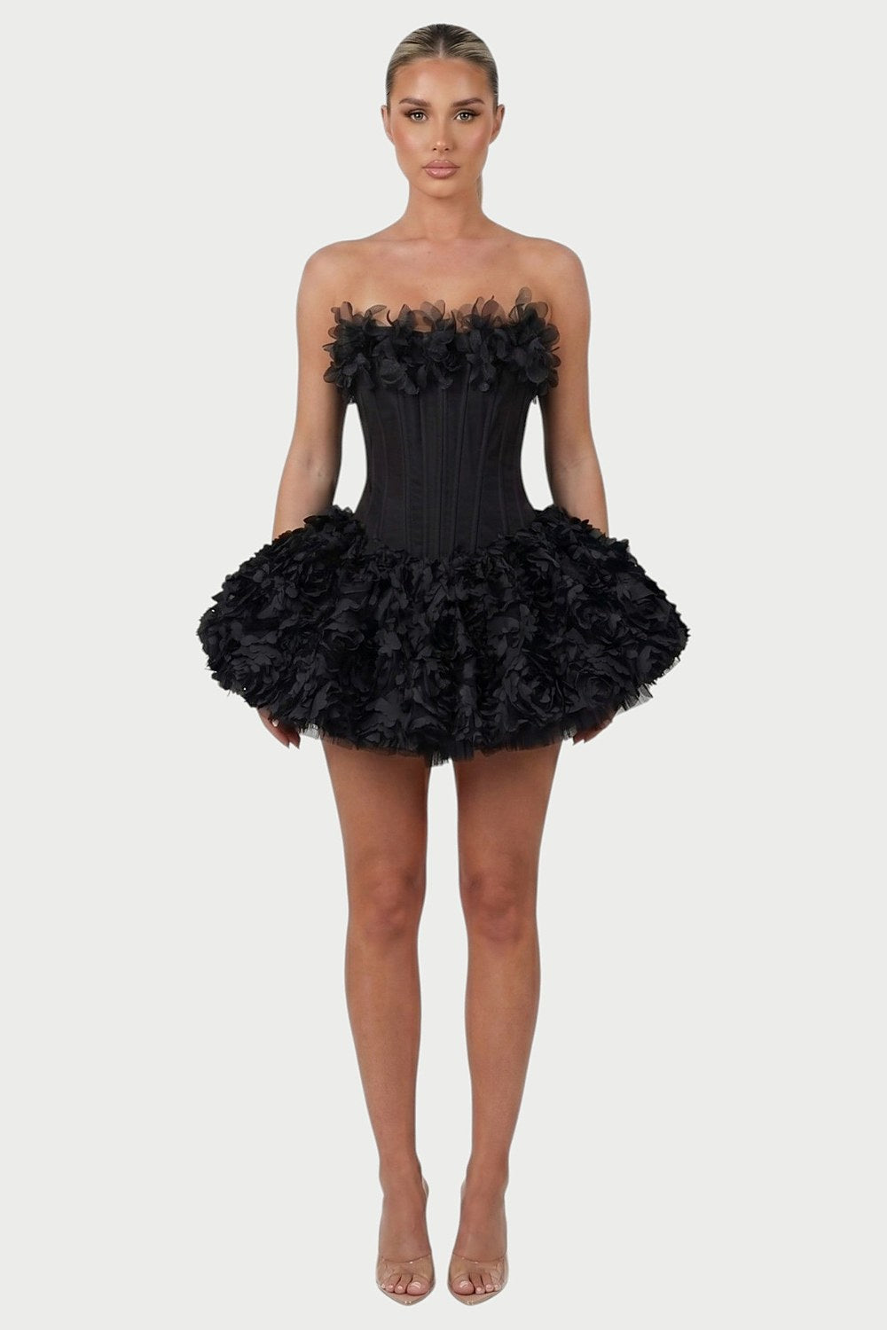 Thalia Strapless Floral Ruffle Mini Dress in Black – front