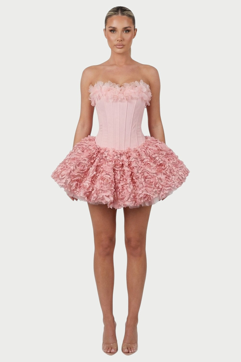 Thalia Strapless Floral Ruffle Mini Dress in Pink – front
