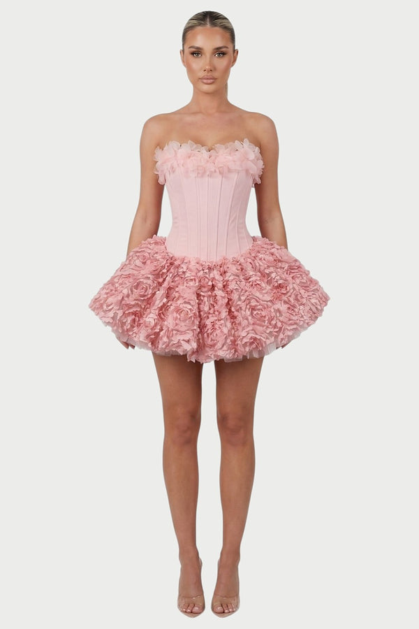 Thalia Strapless Floral Ruffle Mini Dress in Pink – front