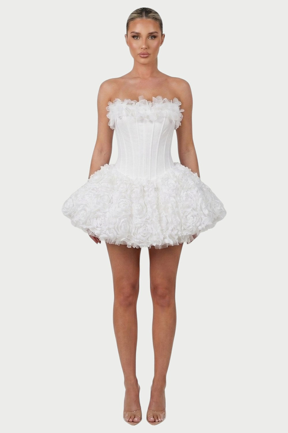 Thalia Strapless Floral Ruffle Mini Dress in White – front