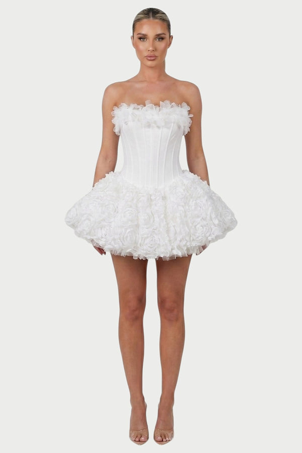 Thalia Strapless Floral Ruffle Mini Dress in White – front